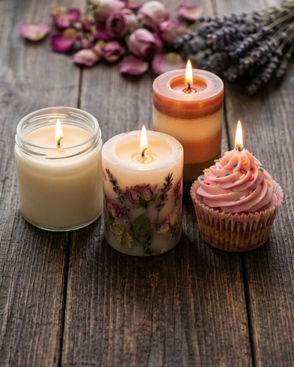 Tres velas artesanales encendidas: una en vaso, una con flores y una tipo cupcake