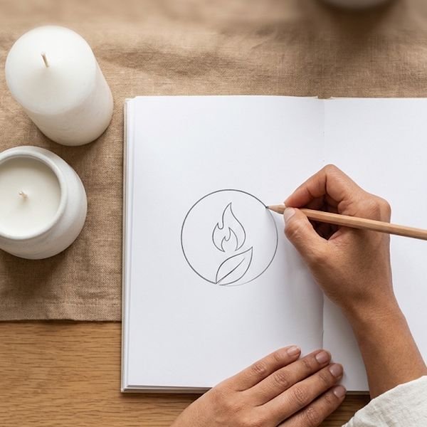 Mano dibujando el logo de una marca de velas